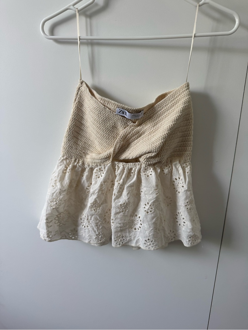 Zara Cream Crochet Knit & Eyelet Tiered tube top
